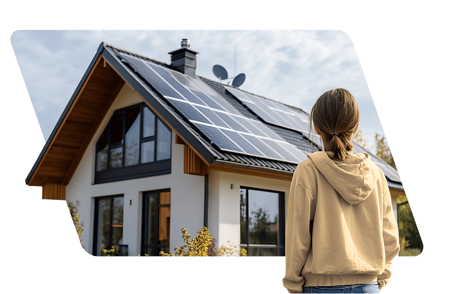 Person looking at modern home with solar panels