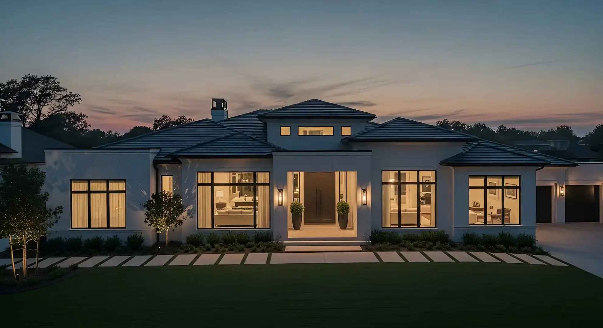 Modern luxury house with warm interior lighting
