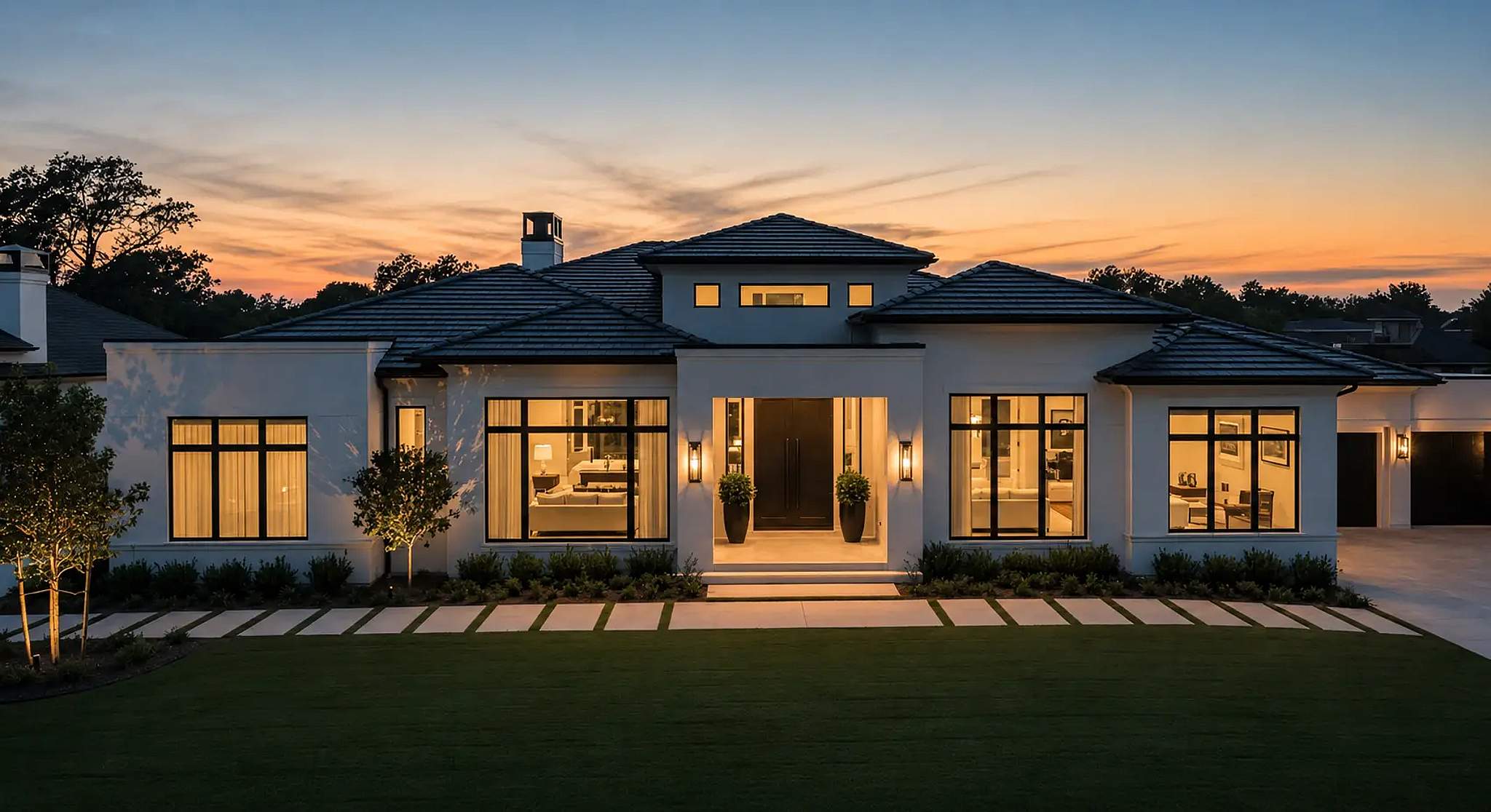 Modern luxury house with warm interior lighting